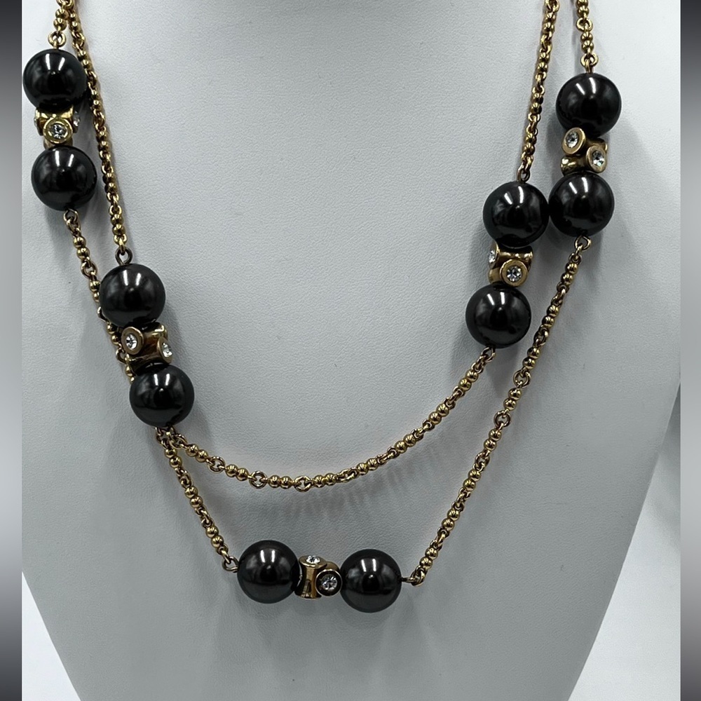 J Crew‎ Faux Black Pearl  Rhinestone Long Gold Tone Necklace